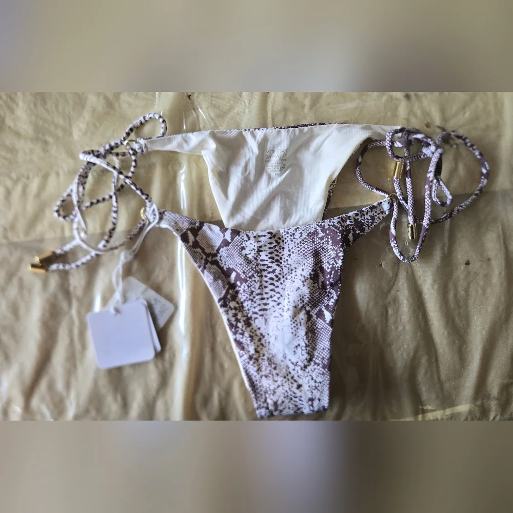 NWT Monday Swimwear Hanalei Tie Bottoms In Silver Snake Print